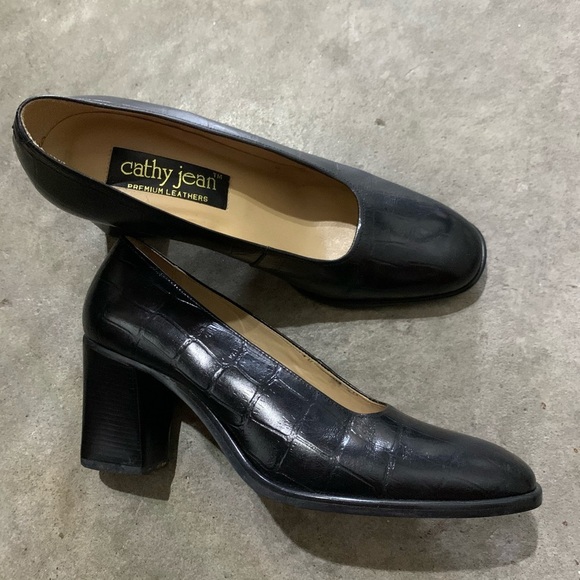 CATHY JEAN Vintage Y2K Black Croc Embossed Chunky Heel Pumps Size 7.5 EUC - Picture 1 of 6
